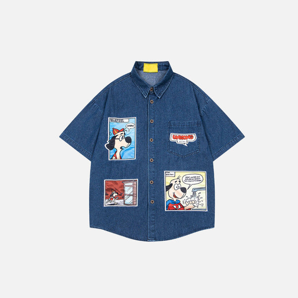 Trendy Cartoon Puppy Embroidered Denim Shirt