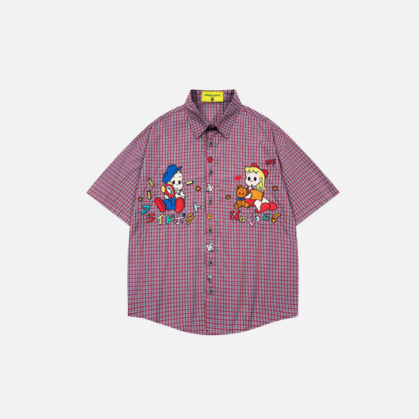 Cool Cartoon Embroidered Plaid Short-Sleeved Shirt