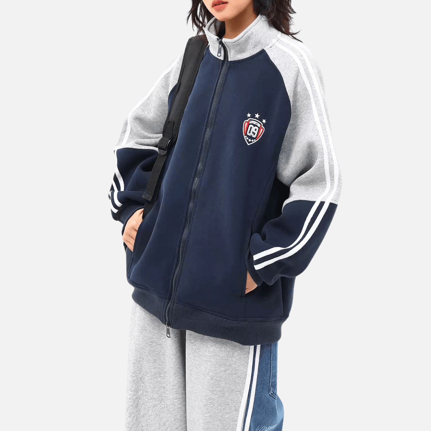 Color-Block Embroidered Stand Collar Jacket