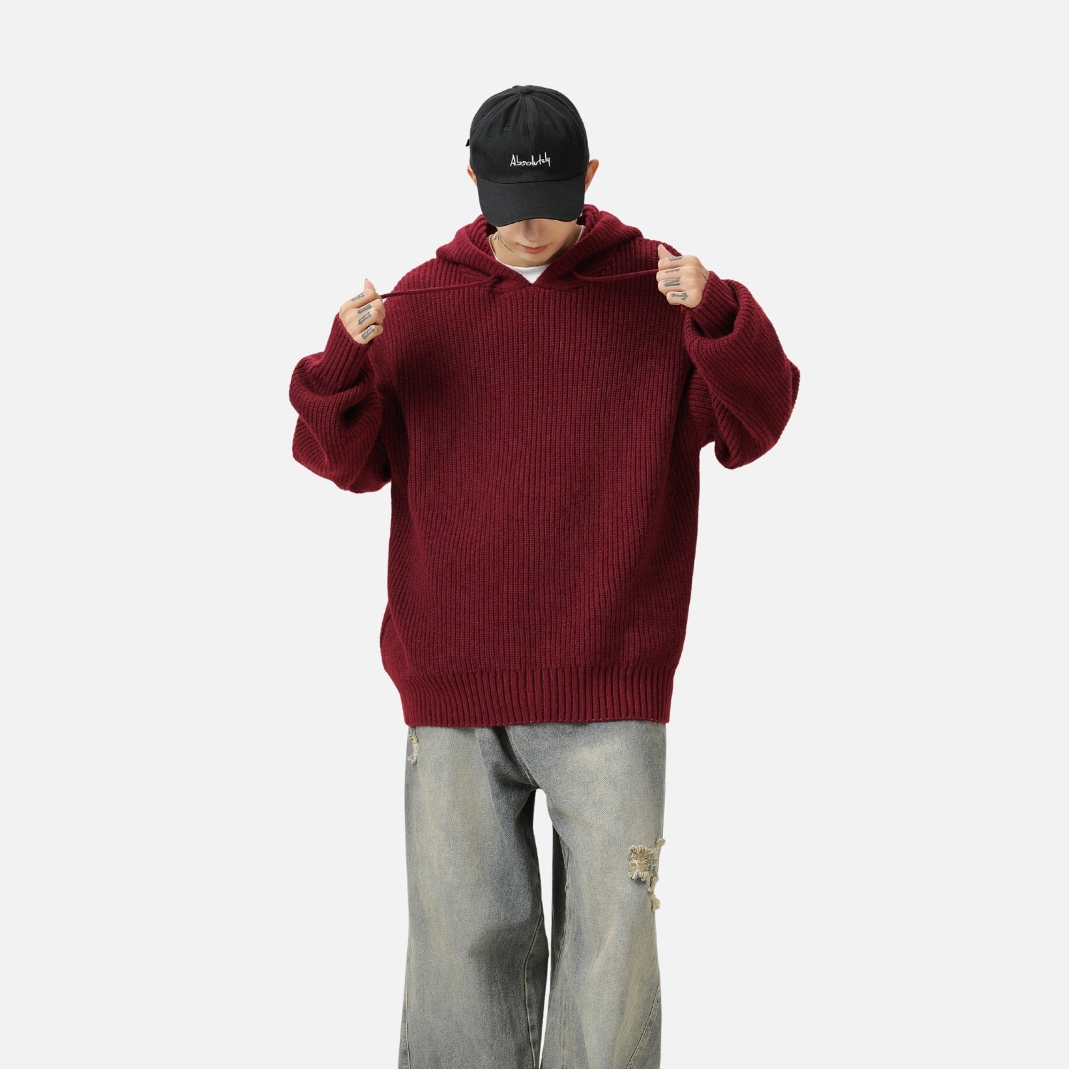 Solid Color Knit Hoodie