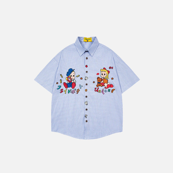 Cool Cartoon Embroidered Plaid Short-Sleeved Shirt
