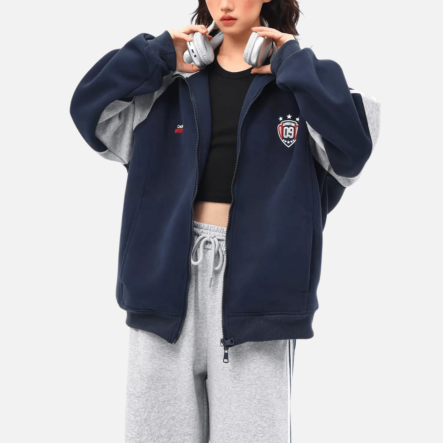 Color-Block Embroidered Stand Collar Jacket