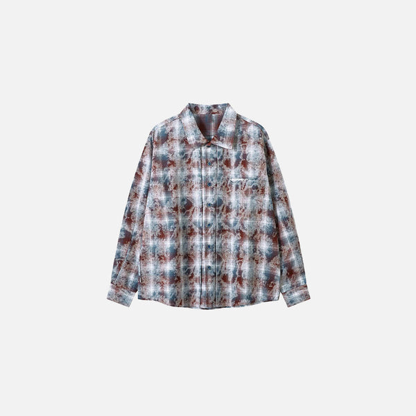 Front view of the red Textured Grid Button-Up Shirt in a gray background