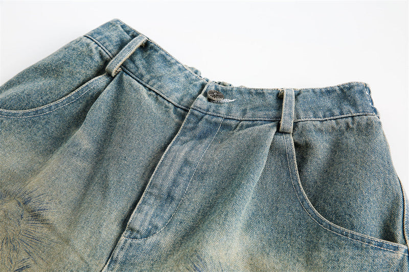Abstract Printed Denim Shorts