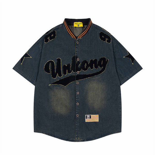 Vintage Embroidered Denim Short Sleeve Shirt