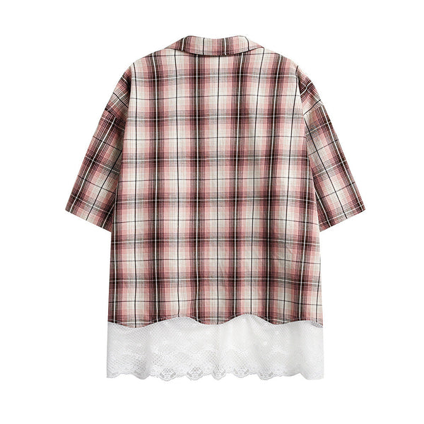 Plaid Lace Stitching Short Sleeve Shirt