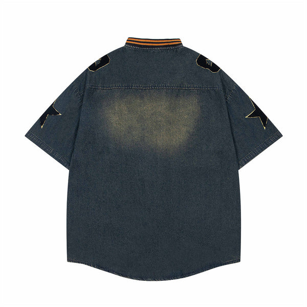 Vintage Embroidered Denim Short Sleeve Shirt