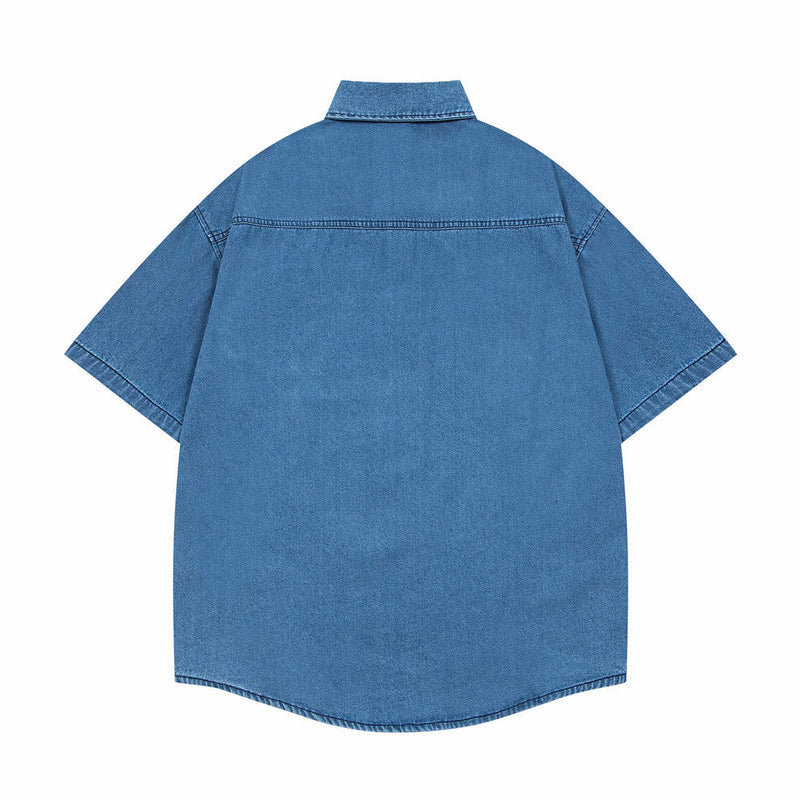 Cute Puppy Embroidered Denim Lapel Shirt