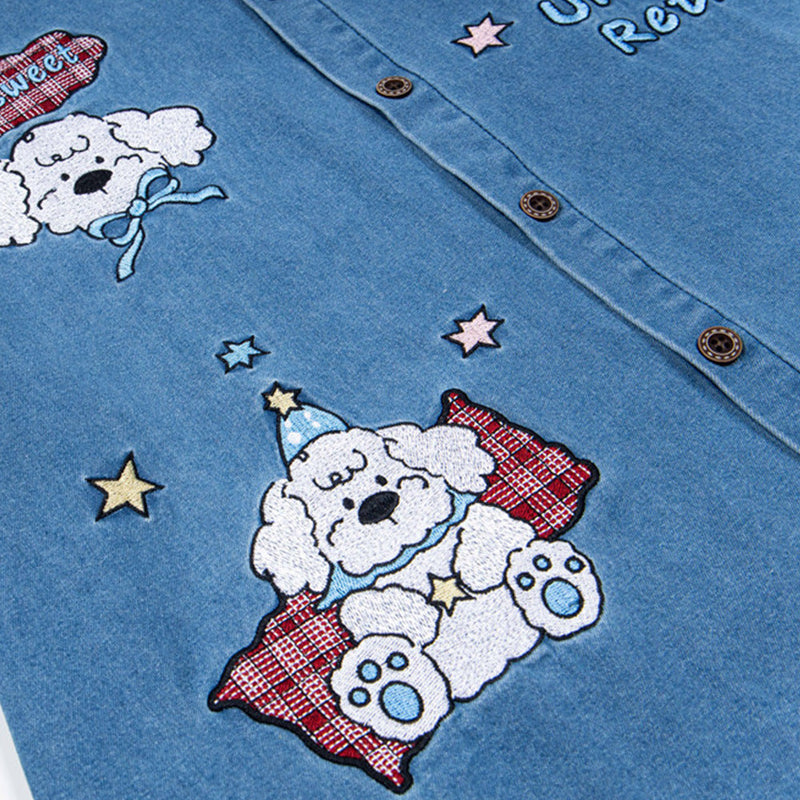 Cute Puppy Embroidered Denim Lapel Shirt