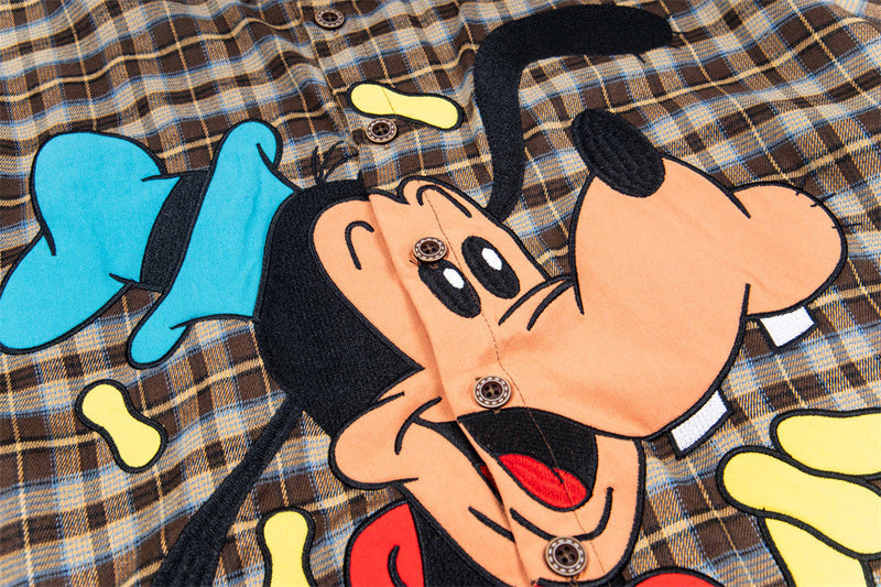 Stylish Cartoon Embroidered Plaid Shirt