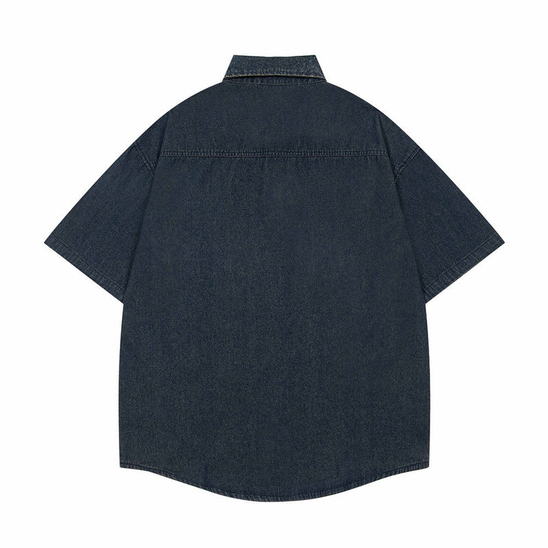 Cute Puppy Embroidered Denim Lapel Shirt