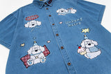 Cute Puppy Embroidered Denim Lapel Shirt