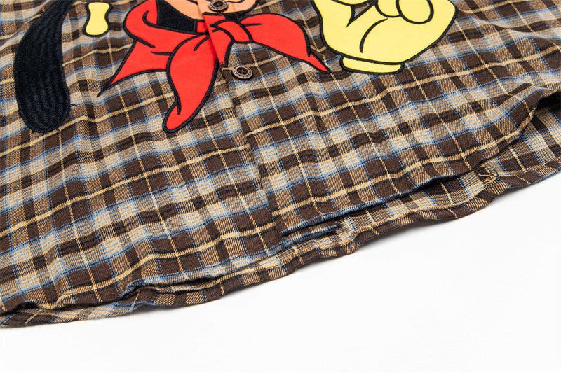 Stylish Cartoon Embroidered Plaid Shirt