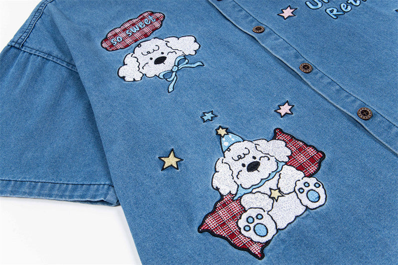 Cute Puppy Embroidered Denim Lapel Shirt