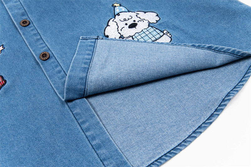 Cute Puppy Embroidered Denim Lapel Shirt