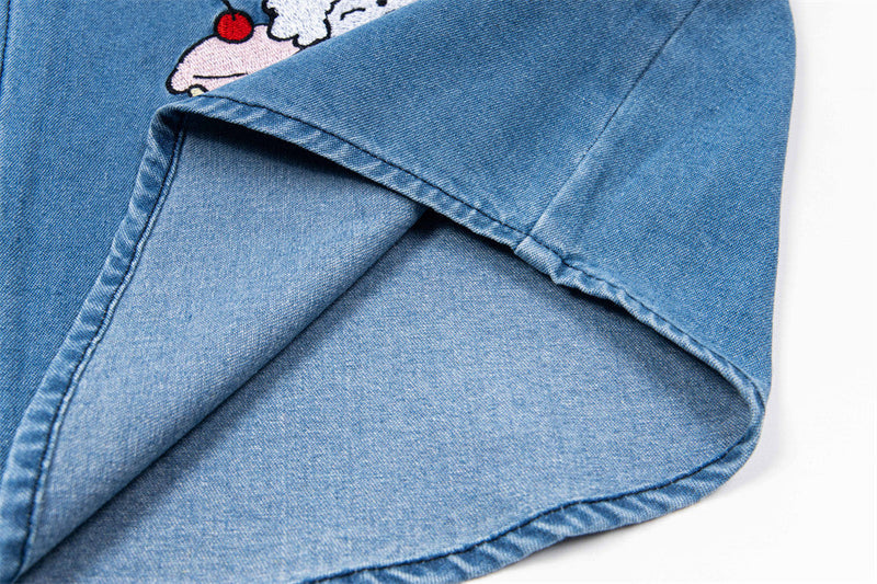 Cute Puppy Embroidered Denim Lapel Shirt