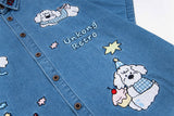 Cute Puppy Embroidered Denim Lapel Shirt