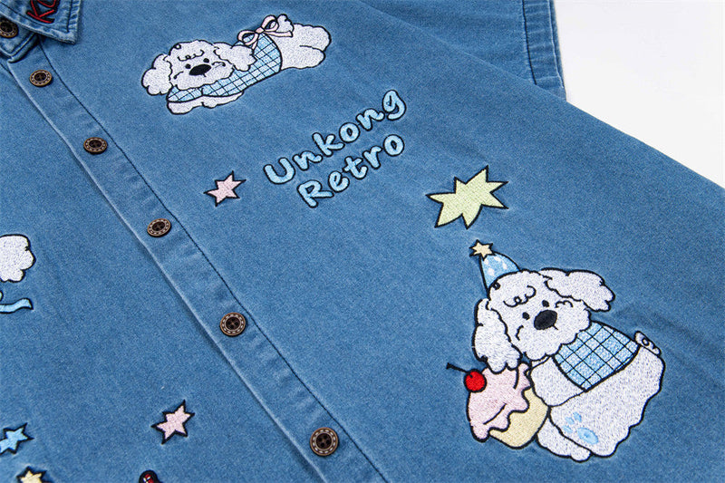 Cute Puppy Embroidered Denim Lapel Shirt