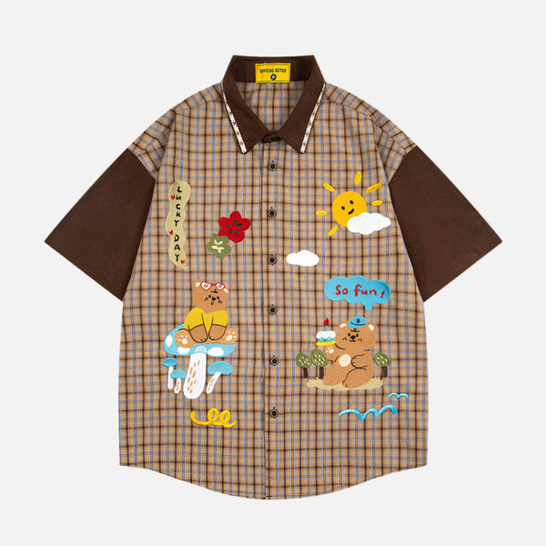 Loose Fun Cartoon Bear Plaid Shirt