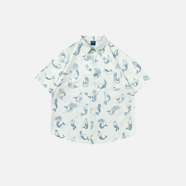 Mermaid Printed White Oversized Button-Up Shirt
