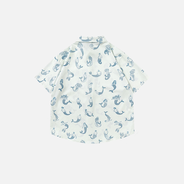 Mermaid Printed White Oversized Button-Up Shirt