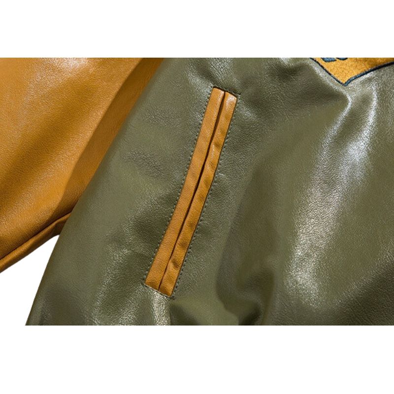 Embroidered PU Leather Baseball Jacket