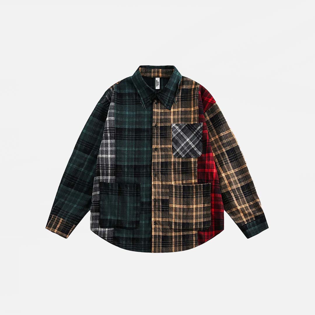 Oversized Loose Patchwork Long Sleeve Flannel Shirt