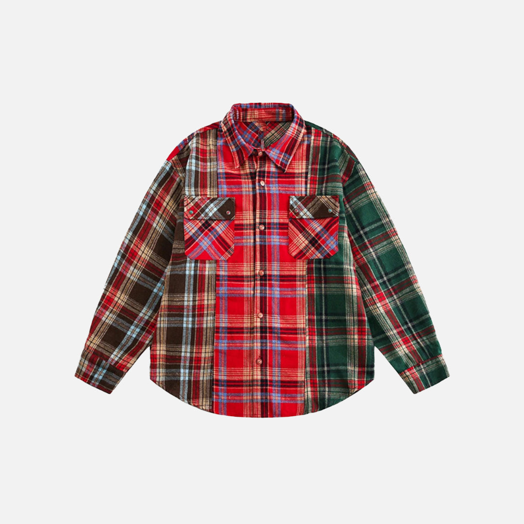 Front view of the red Patchwork Plaid Button-Up Shirt in a gray background