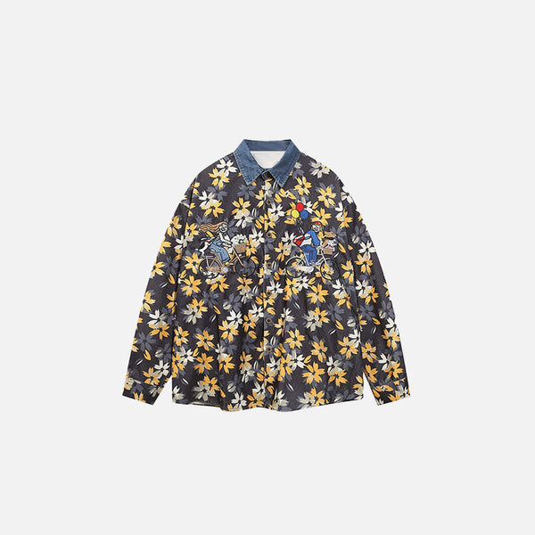 Front view of the yellow Cyclist Floral Patterned Shirt in a gray background
