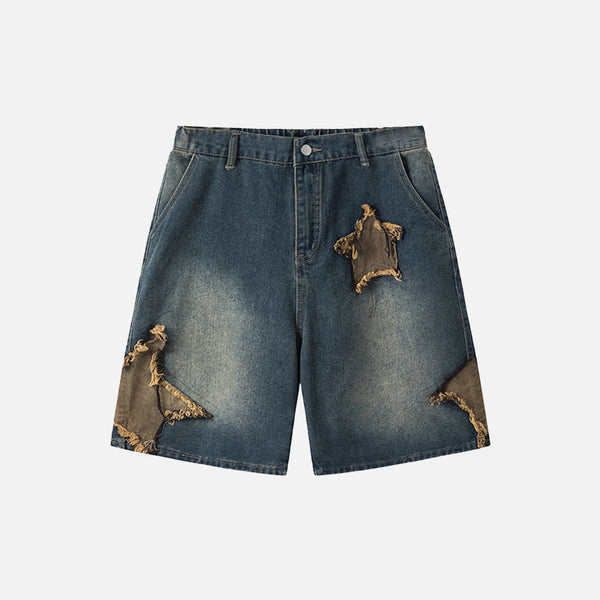Front view of the blue Vintage Rip Patch Denim Shorts in a gray background