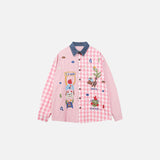 Front view of the pink Playful Pals Patchwork Shirt in a gray background