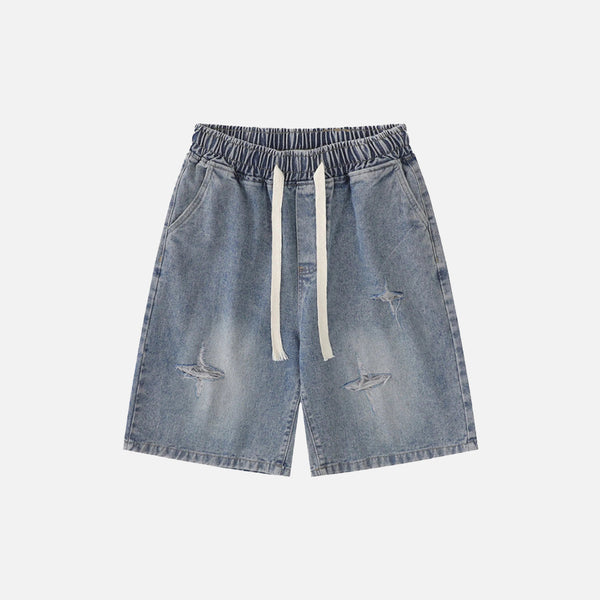 Front view of the blue Relaxed Drawstring Denim Shorts in a gray background