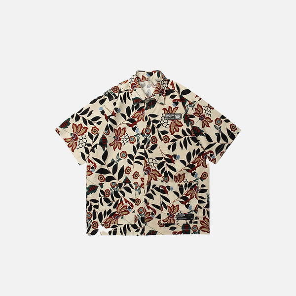Front view of the khaki Y2k Floral Aloha Shirt in a gray background 