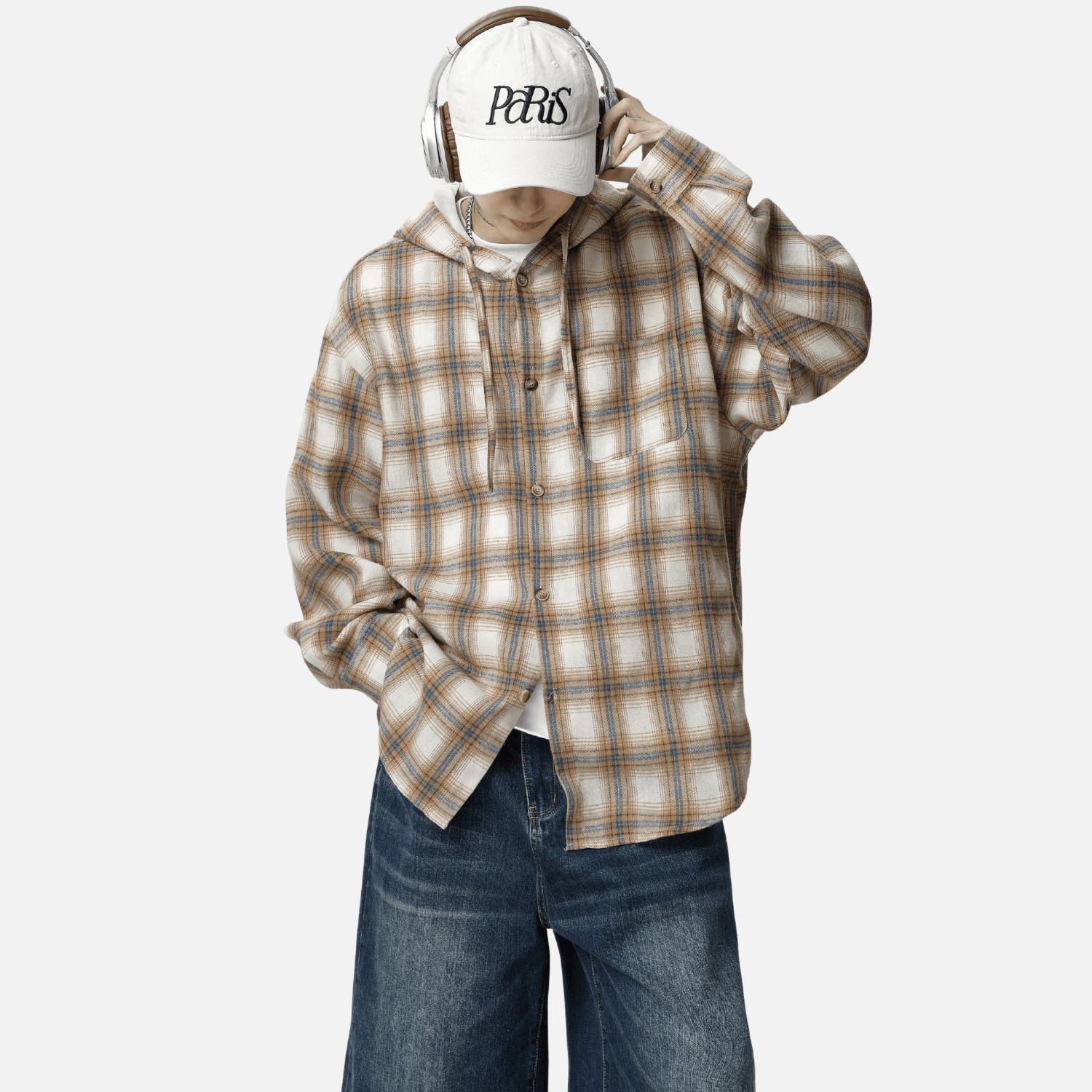 Colorblock Plaid Hooded Shirt