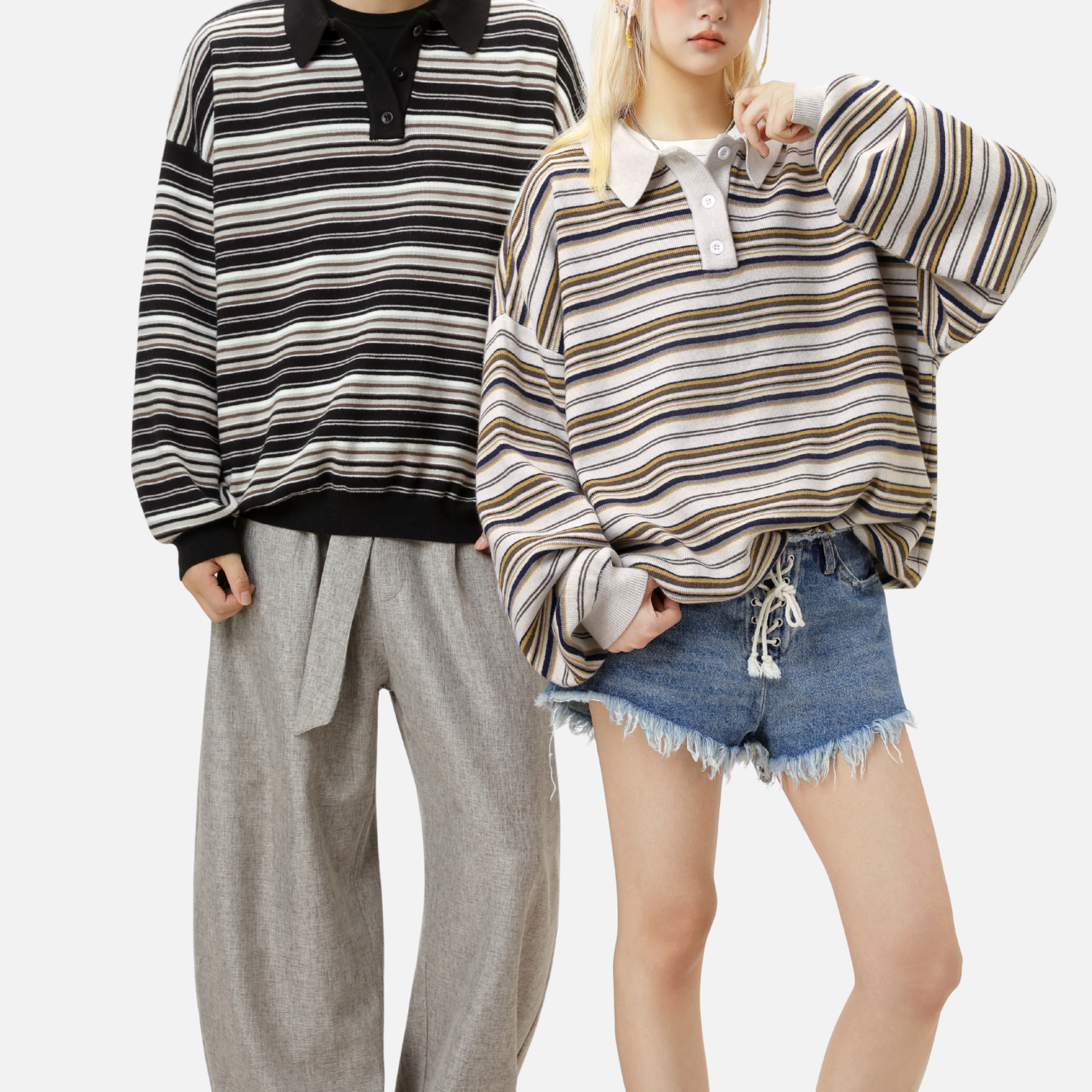 Japanese Retro Colorblock Stripe Polo Sweater