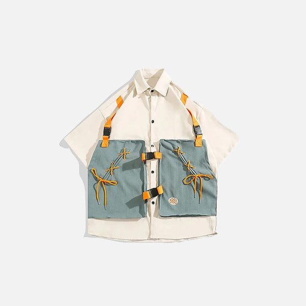 Front view of the khaki Loose Retro Cargo Shirt in a gray background