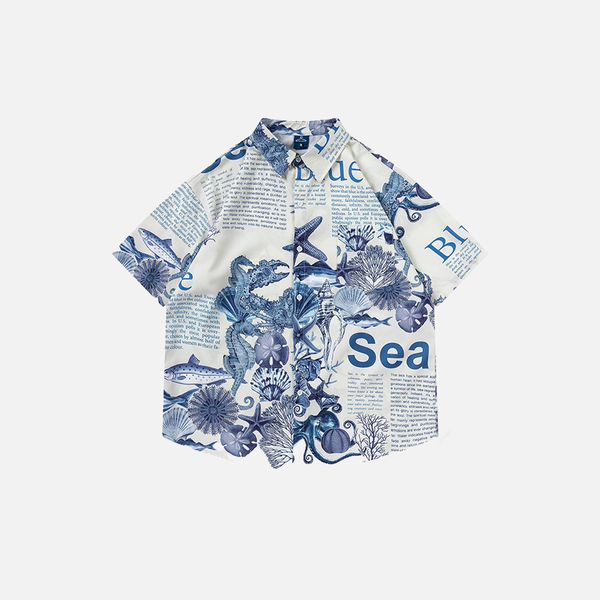 Oceanic Print Button-Up Blouse Shirt