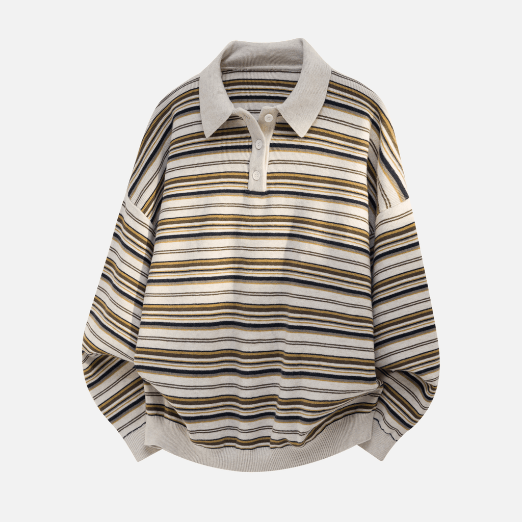 Japanese Retro Colorblock Stripe Polo Sweater