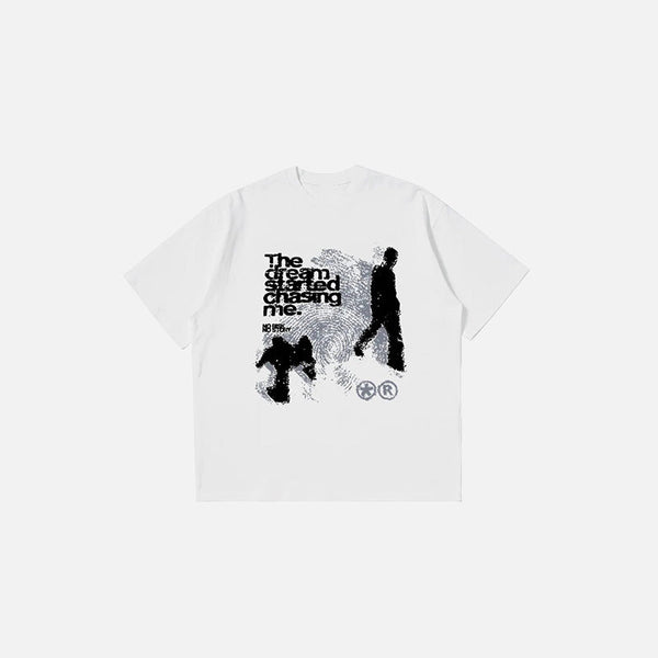 Front view of the white Dream Chaser Graphic T-shirt in a gray background