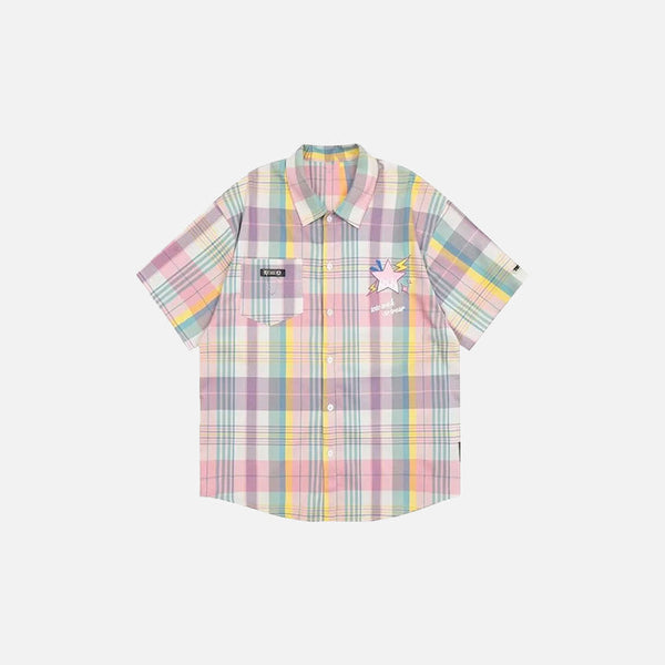 Front view of the pink Vintage Loose Plaid Shirt in a gray background