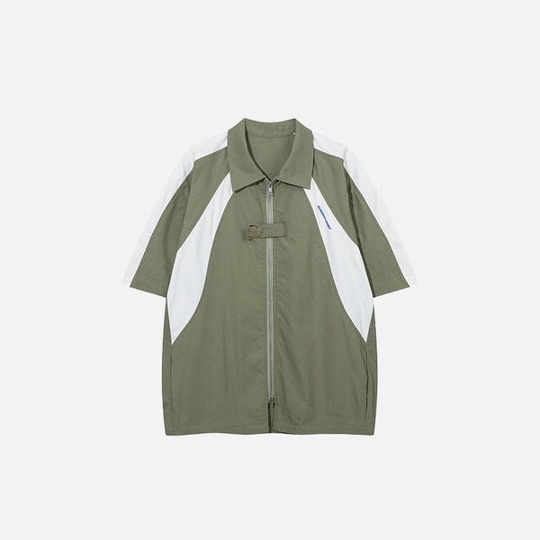 Front view of the green Splicing Color Oversized Shirt in a gray background 