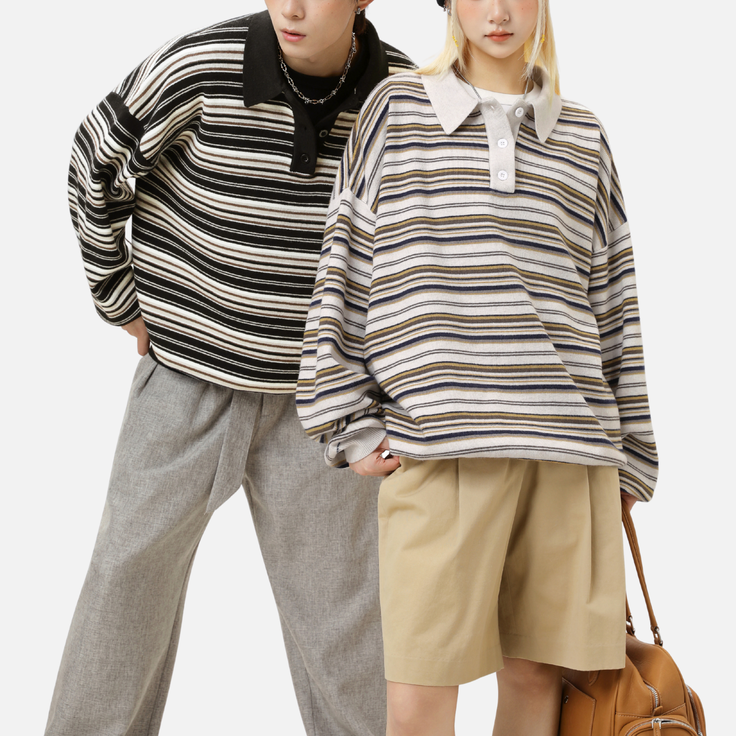 Japanese Retro Colorblock Stripe Polo Sweater
