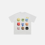 Front view of the white Faces Of Expression T-shirt in a gray background