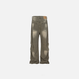 Irregular Washed Pleated Jeans