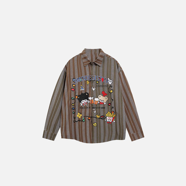 Front view of the brown Fun Stripe Shirt in a gray background