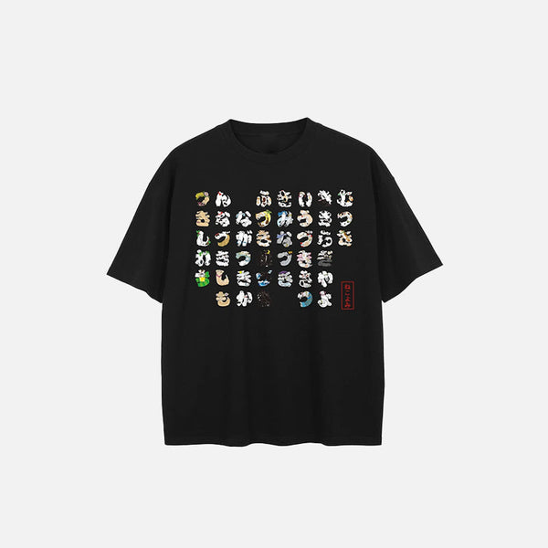 Front view of the black Japanese Cat Graphic T-shirt in a gray background 