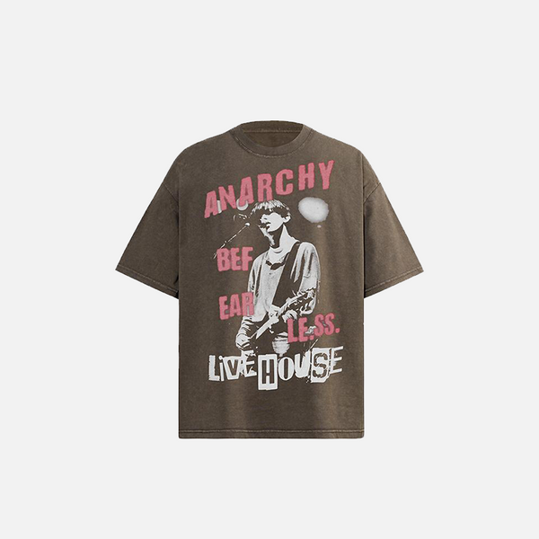 Front view of the brown Loose Punk Rock Anarchy T-shirt in a gray background