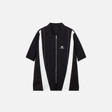 Front view of the black Splicing Color Zip-up Shirt in a gray background 