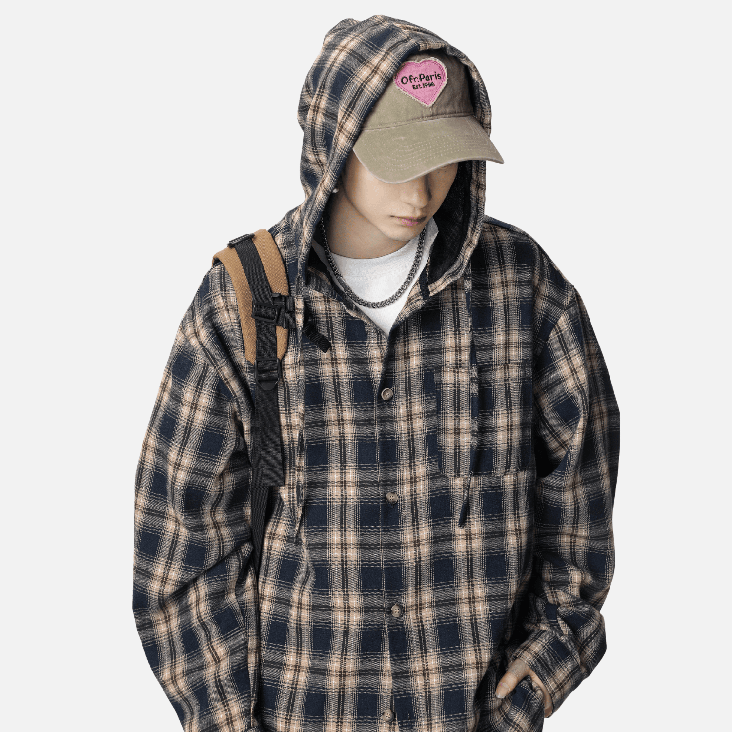 Colorblock Plaid Hooded Shirt