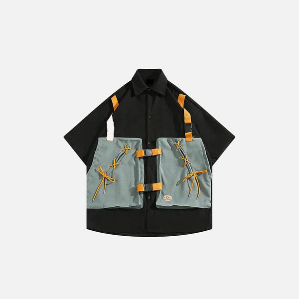Front view of the black Loose Retro Cargo Shirt in a gray background 